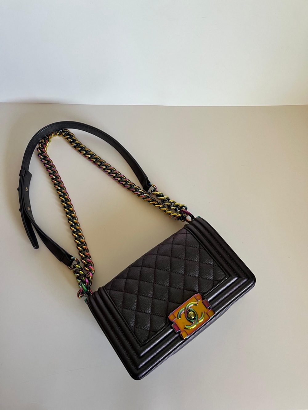 CHANEL IRIDESCENT Black Quilted Mini Boy Bag with Iridescent Chain - Picture 3 of 4
